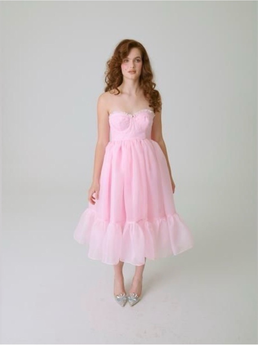 Selkie Strapless Light Pink Tulle Tea-Length Dress